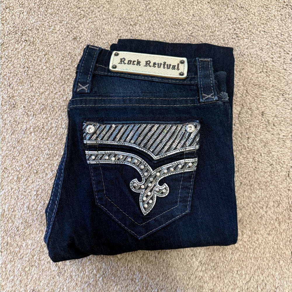 Rock Revival Blue Jeans with Ornate Detailing